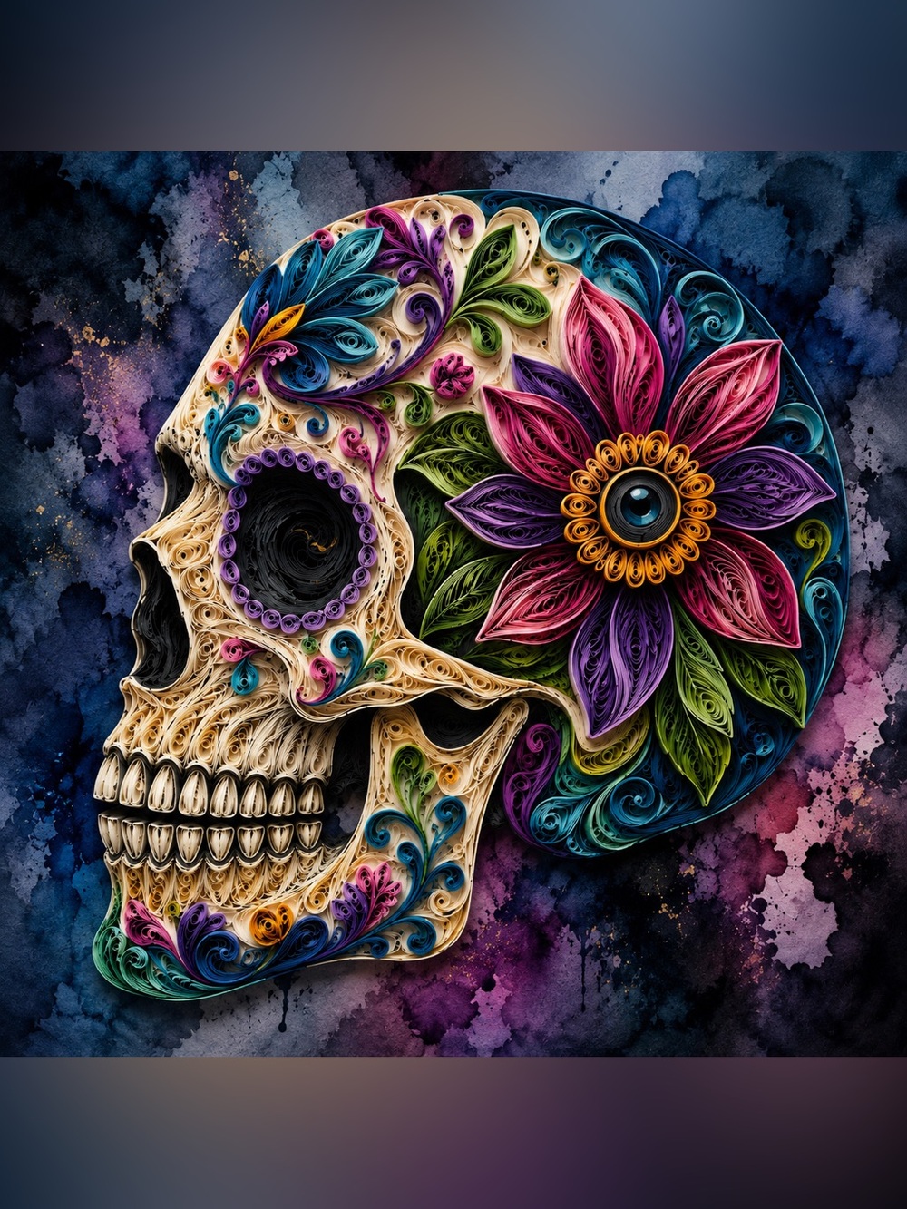 8x8 Black Framed Floral Skull Wall Art Print
